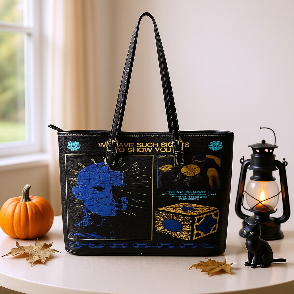 Horror Inspired Leather ToteBag – Gothic Pinhead Design with Hellraiser Puzzle Box