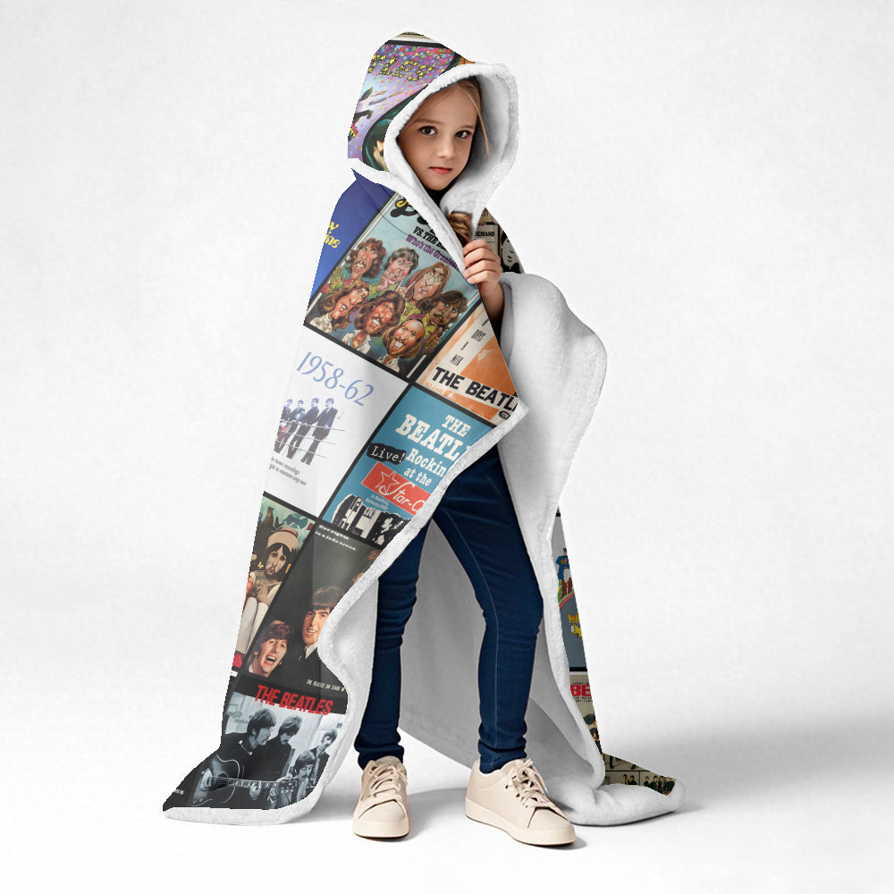 The Beatles Album Collage Wearable Hooded Blanket – Retro Rock Comfort for True Fans