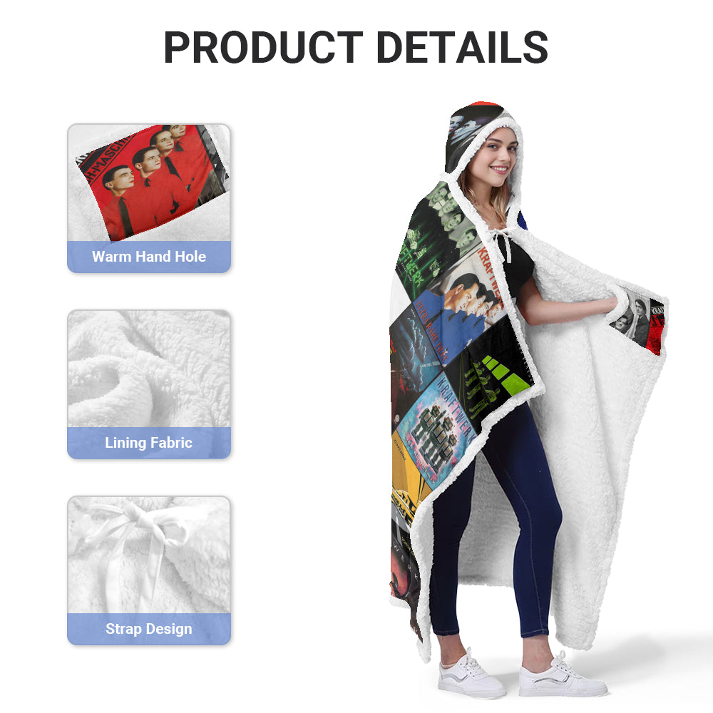 Kraftwerk Album Collage Wearable Hooded Blanket – Retro Electronic Music Throw for Fans