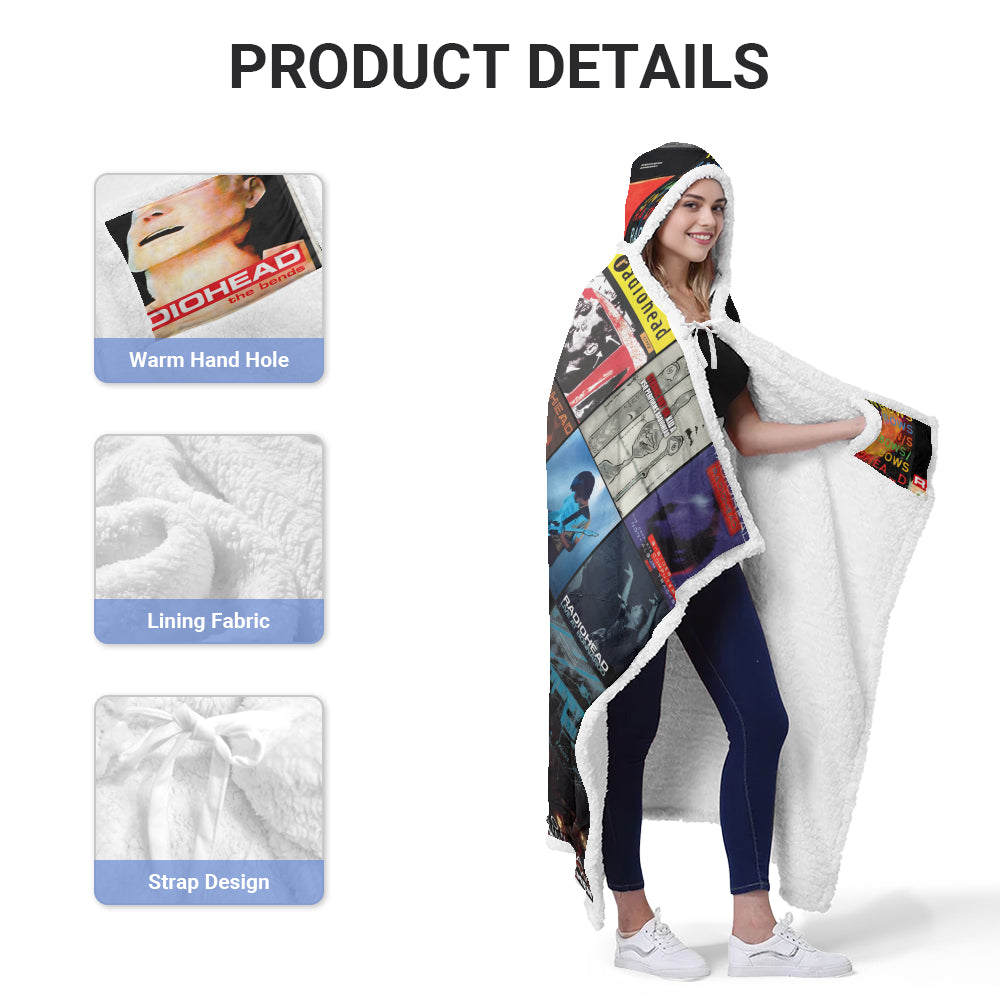 Radiohead Album Collage Wearable Hooded Blanket – Alternative Rock Cozy Throw for Music Lovers