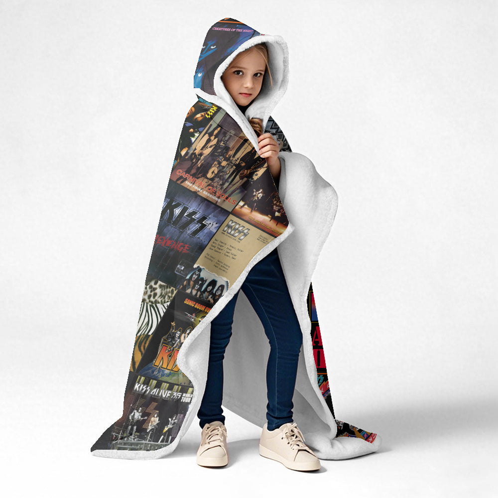 KISS Album Collage Wearable Hooded Blanket – Retro Rock Legends Cozy Throw