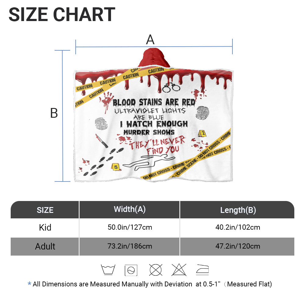 True Crime Wearable Hooded Blanket – “Blood Stains Are Red” Edition 🔍🩸
