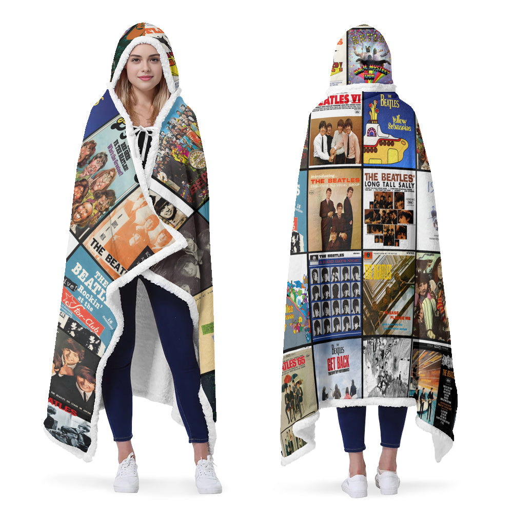 The Beatles Album Collage Wearable Hooded Blanket – Retro Rock Comfort for True Fans