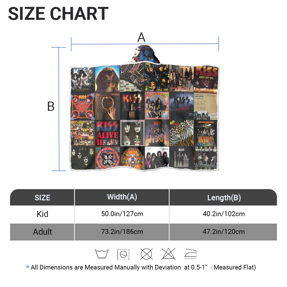KISS Album Collage Wearable Hooded Blanket – Retro Rock Legends Cozy Throw