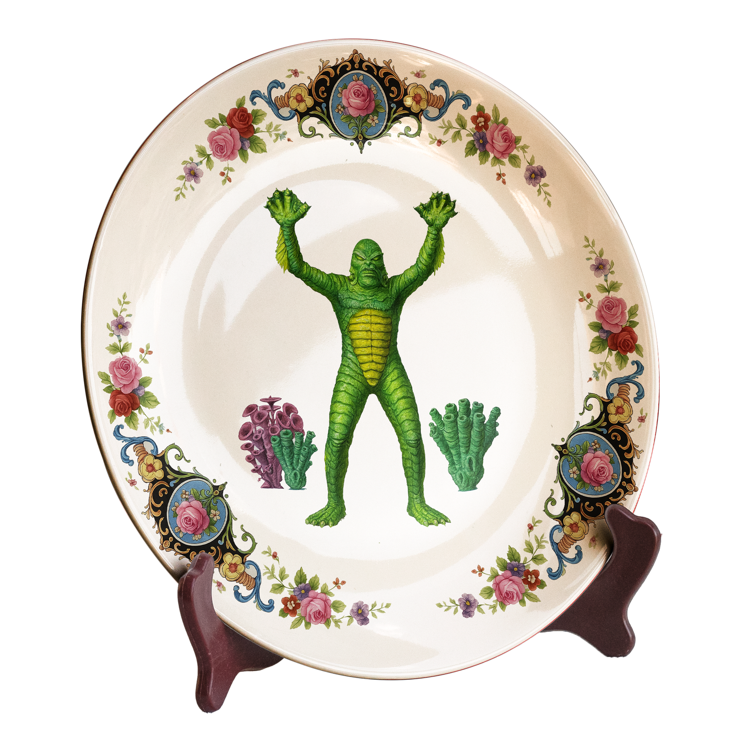 Vintage Floral Plate Featuring Gill-man from Creature from the Black Lagoon