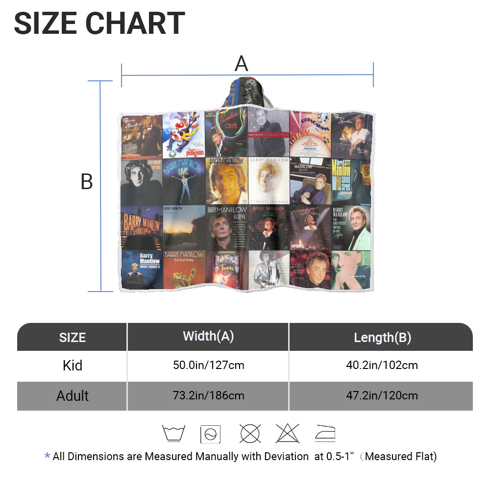Barry Manilow Album Collage Wearable Hooded Blanket – Cozy Retro Music Fan Gift