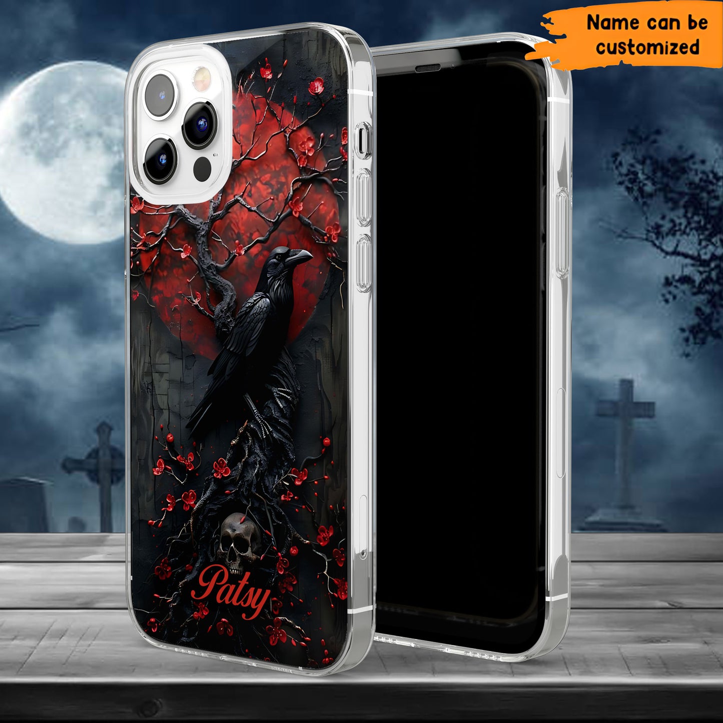 Gothic Raven & Skull Phone Case – Dark Red Moon Cover Personalized Clear Phone