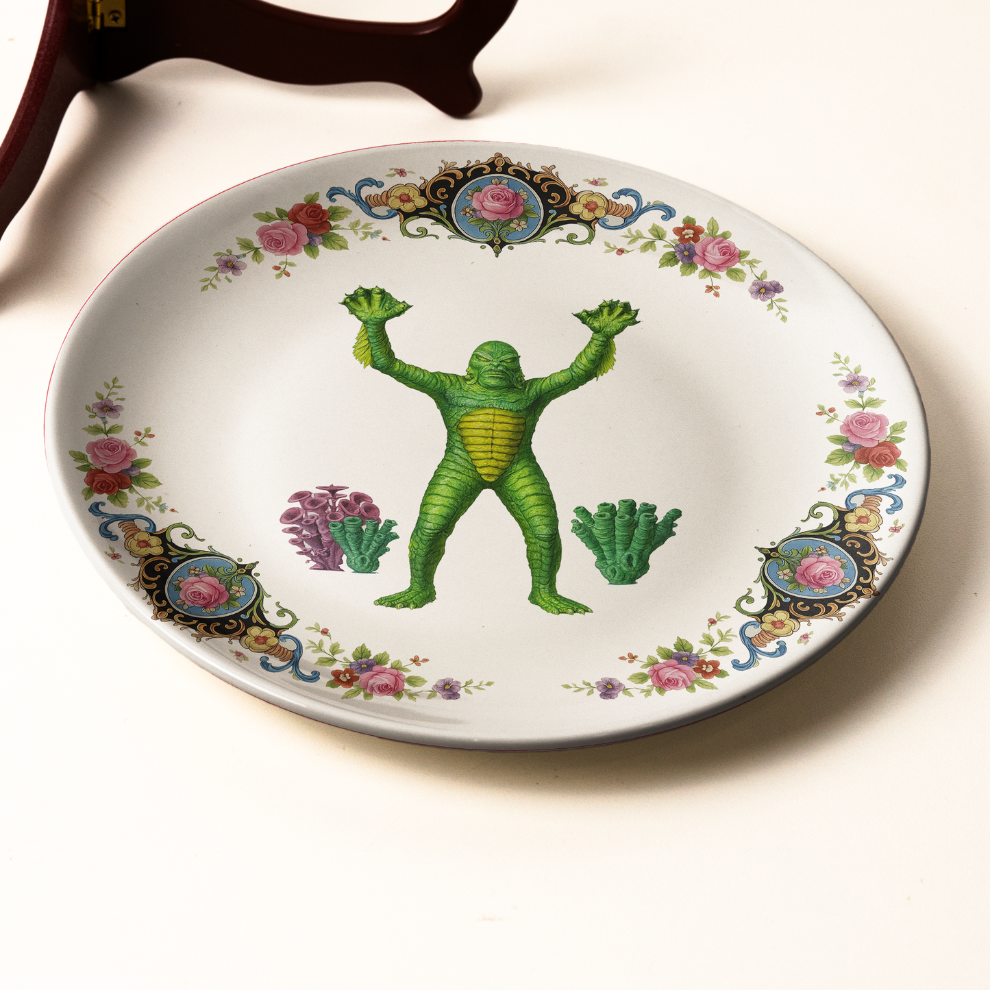 Vintage Floral Plate Featuring Gill-man from Creature from the Black Lagoon