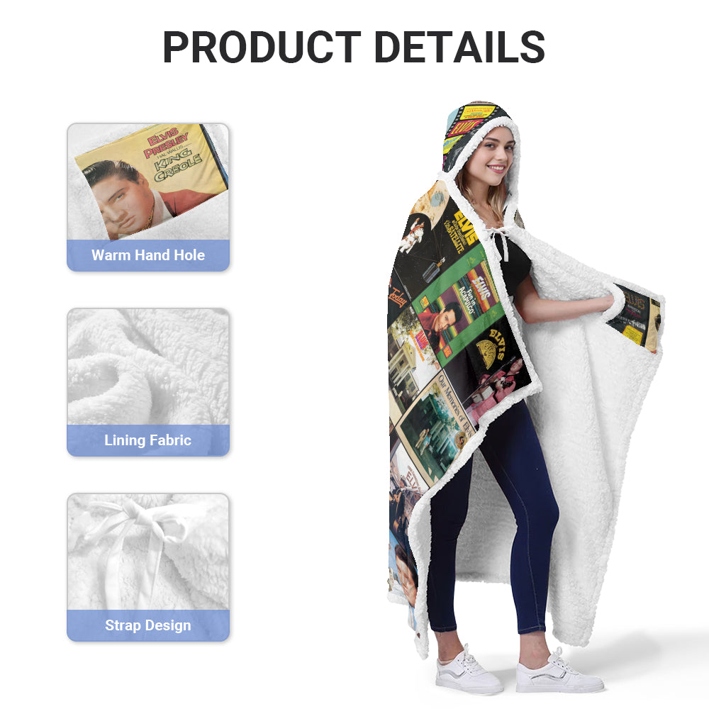 Elvis Presley Album Collage Wearable Hooded Blanket – Retro Rock ‘n’ Roll Cozy Throw for Fans