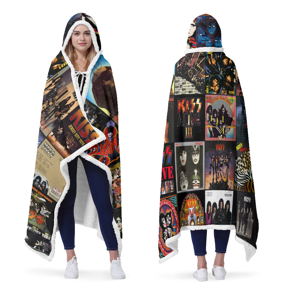 KISS Album Collage Wearable Hooded Blanket – Retro Rock Legends Cozy Throw