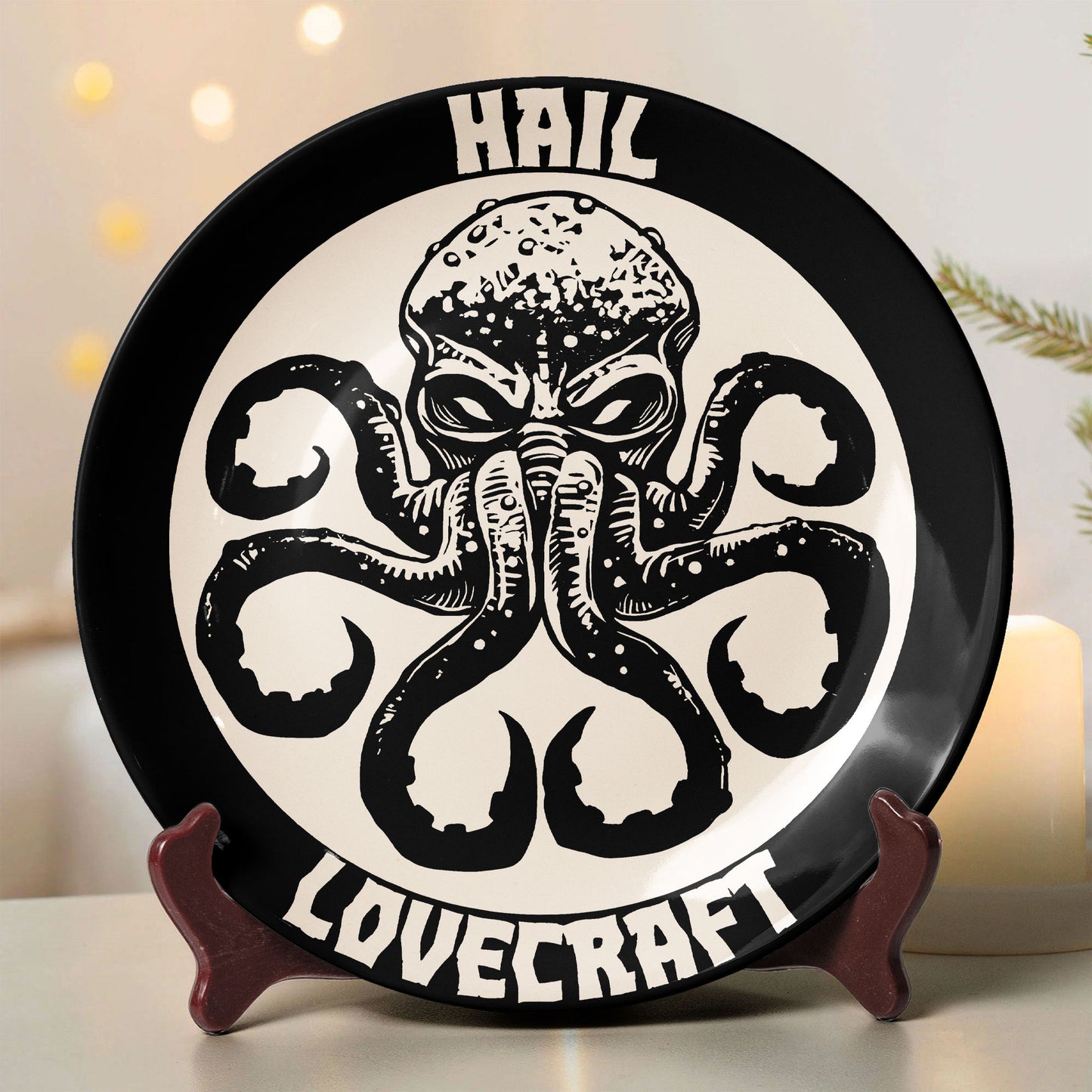 Hail Lovecraft Decorative Ceramic Plate – Dark Cosmic Horror Aesthetic