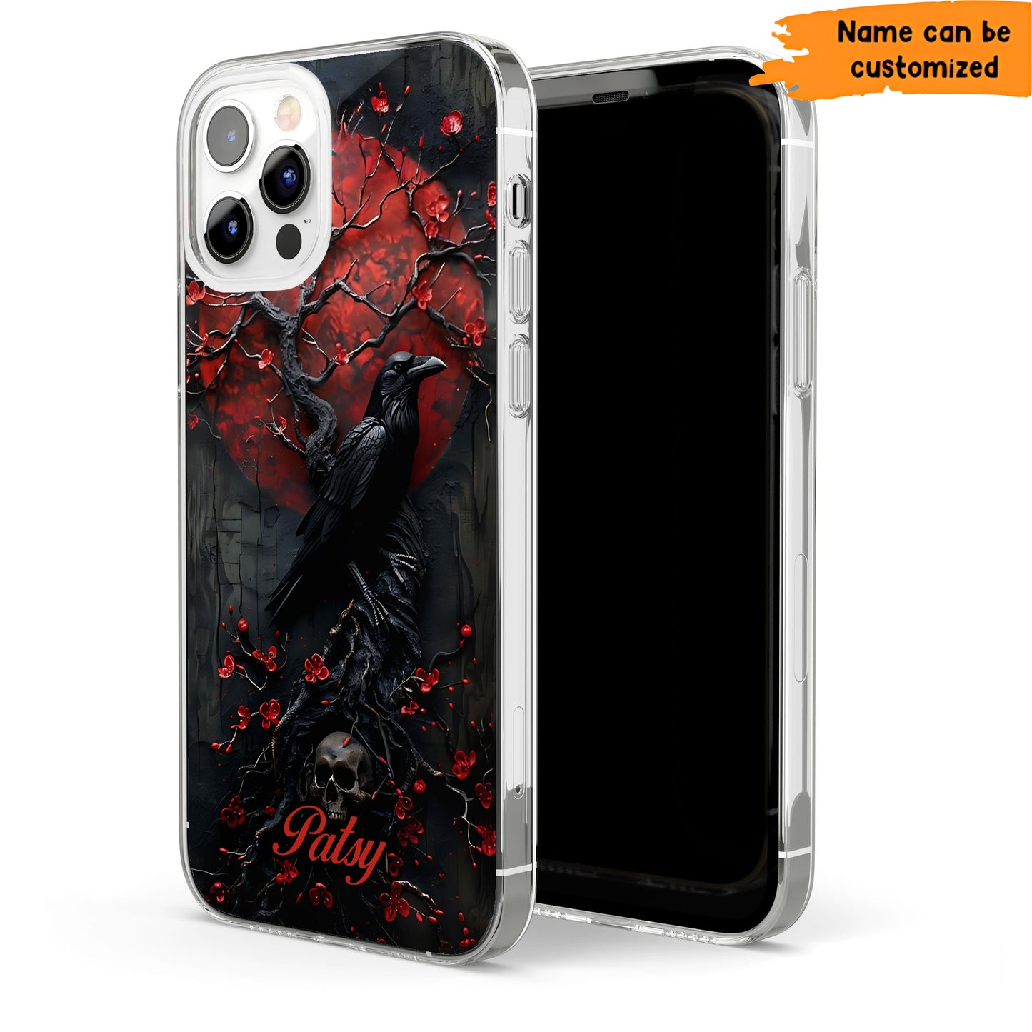 Gothic Raven & Skull Phone Case – Dark Red Moon Cover Personalized Clear Phone