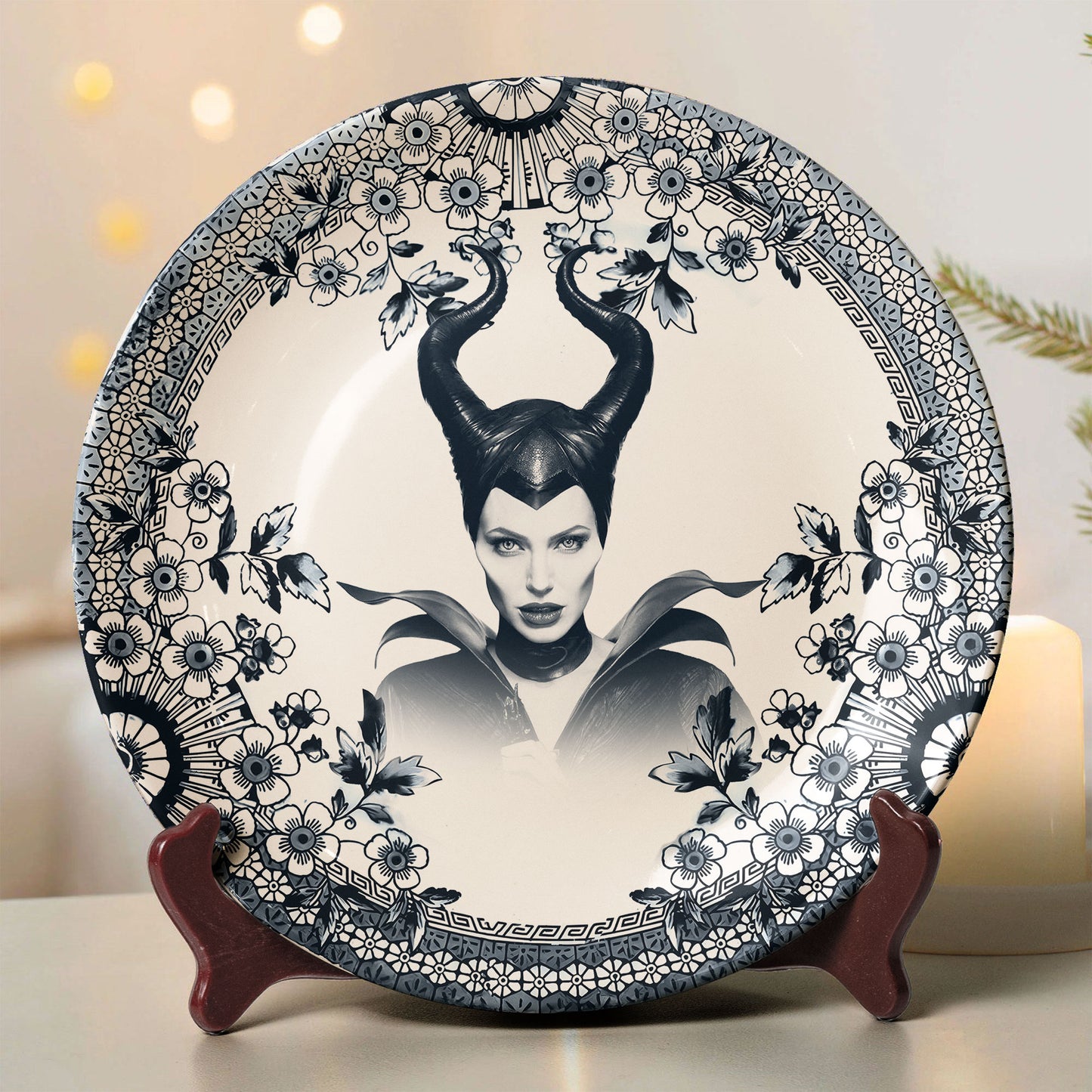 Maleficent Ceramic Plate – Dark Fantasy Floral Art
