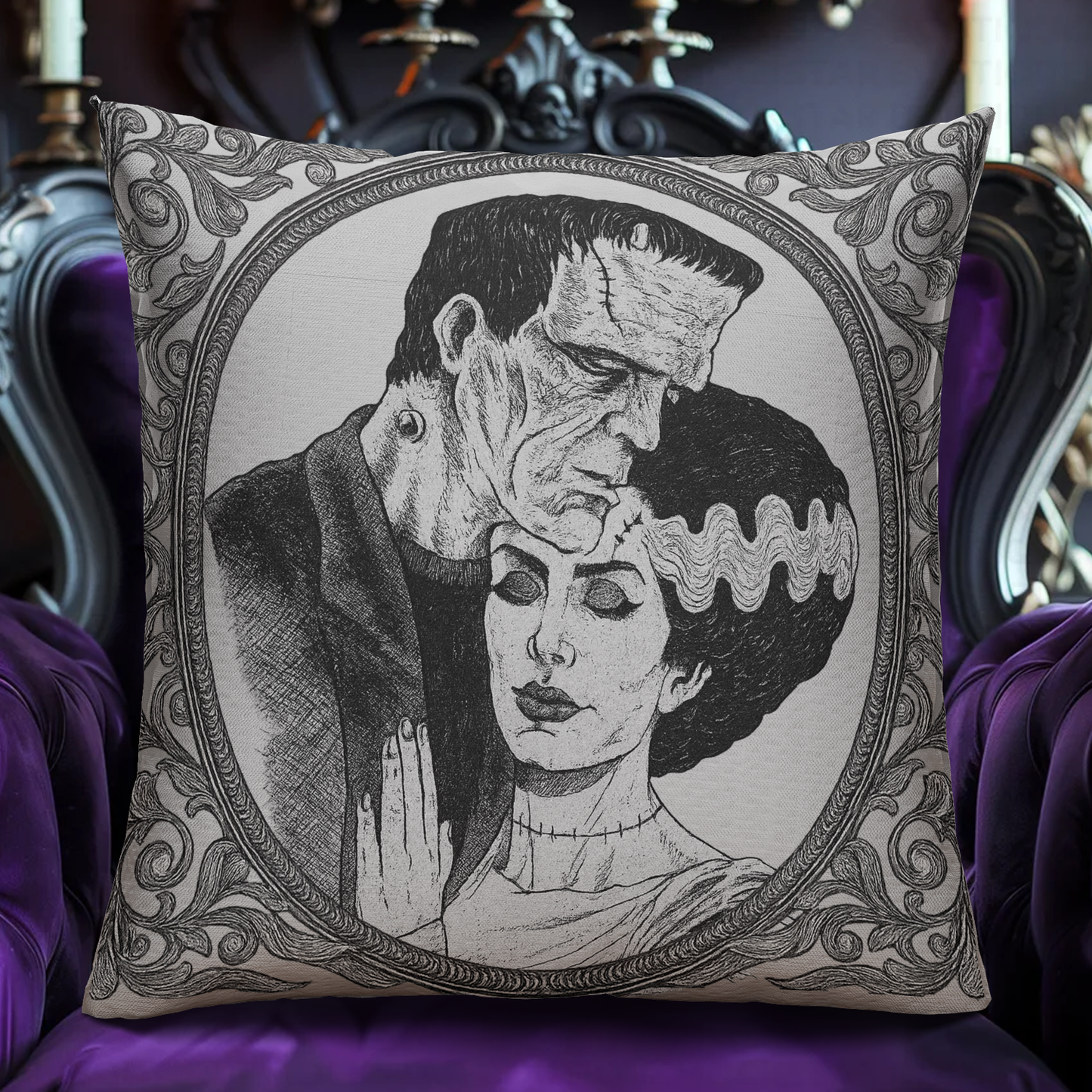 Gothic Frankenstein & Bride Pillow