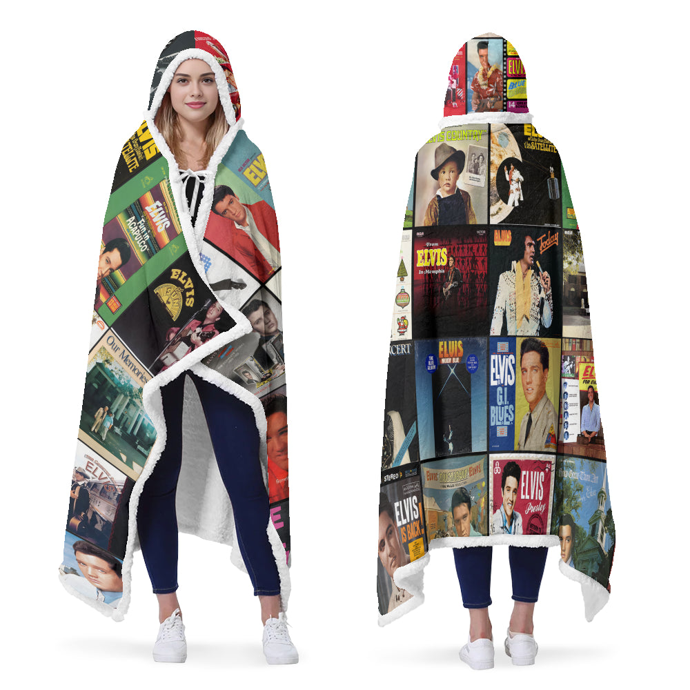 Elvis Presley Album Collage Wearable Hooded Blanket – Retro Rock ‘n’ Roll Cozy Throw for Fans