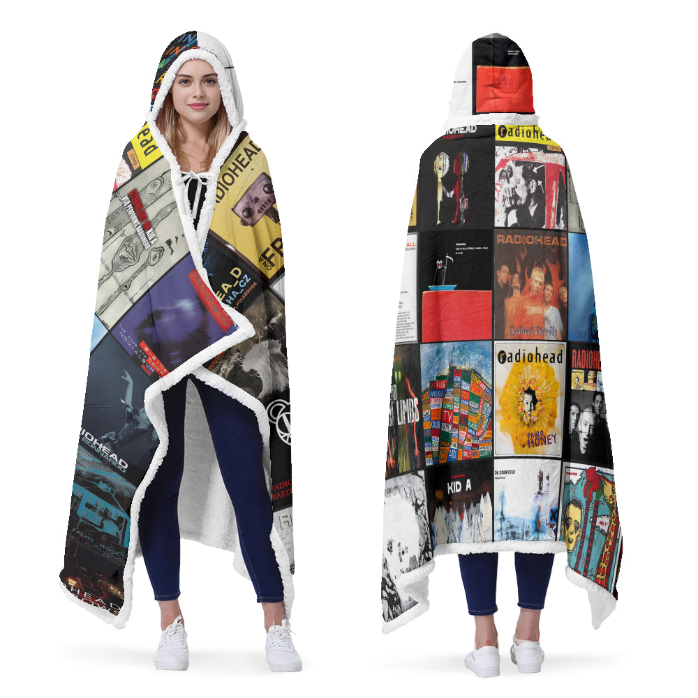 Radiohead Album Collage Wearable Hooded Blanket – Alternative Rock Cozy Throw for Music Lovers
