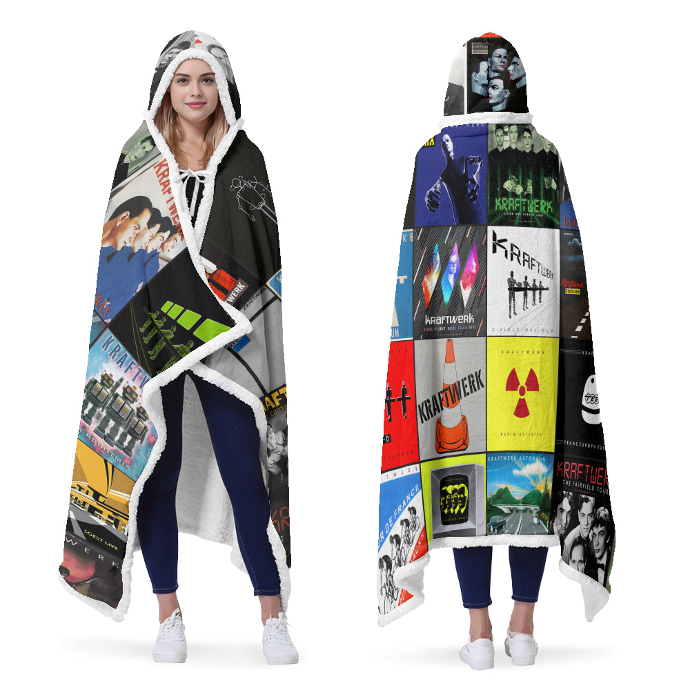 Kraftwerk Album Collage Wearable Hooded Blanket – Retro Electronic Music Throw for Fans
