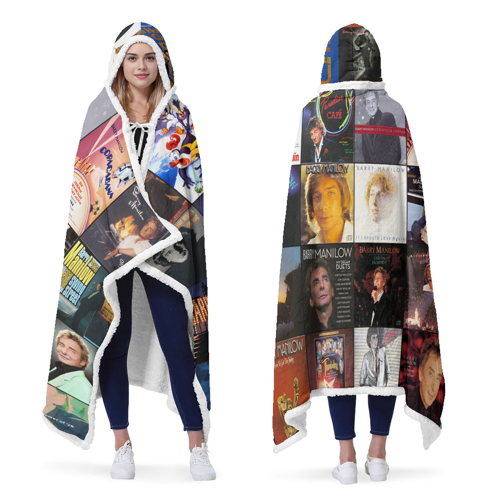 Barry Manilow Album Collage Wearable Hooded Blanket – Cozy Retro Music Fan Gift