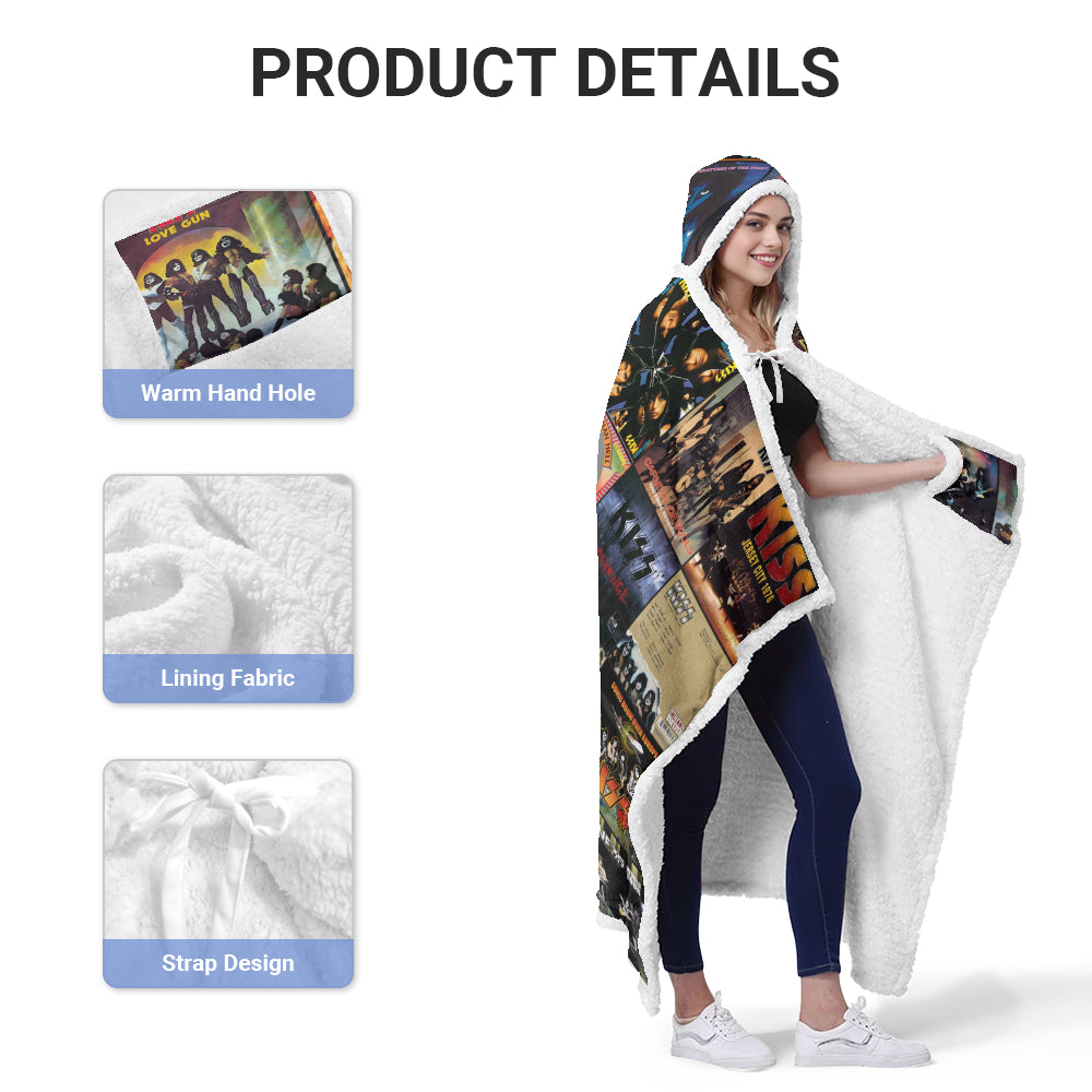 KISS Album Collage Wearable Hooded Blanket – Retro Rock Legends Cozy Throw