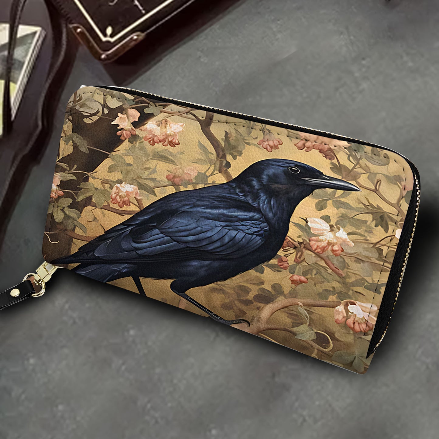Vintage Raven Leather Handbag & Wallet Set – Gothic Elegance with Floral Charm