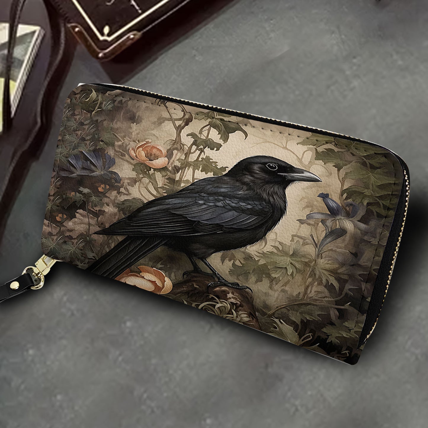 Vintage Raven Leather Handbag with Enchanted Garden Design