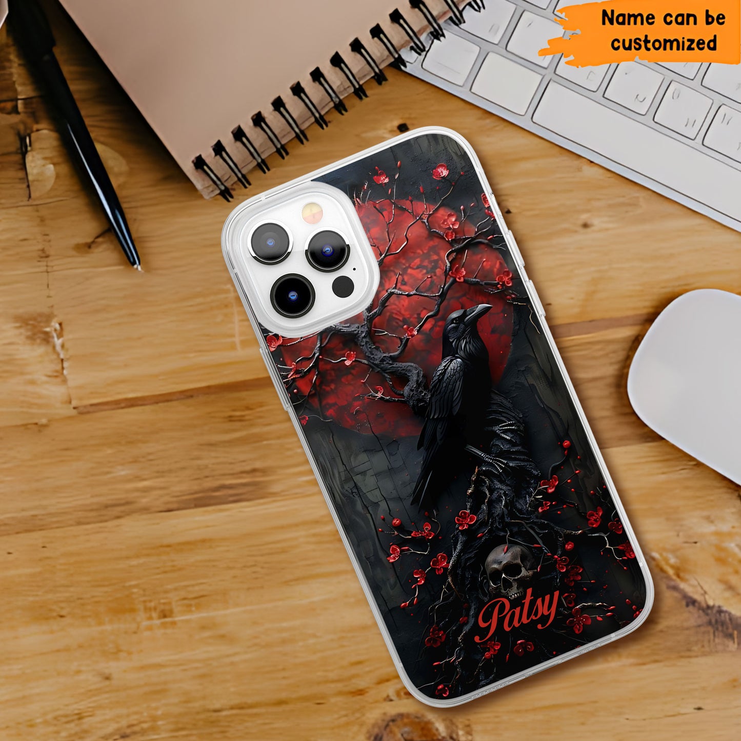 Gothic Raven & Skull Phone Case – Dark Red Moon Cover Personalized Clear Phone