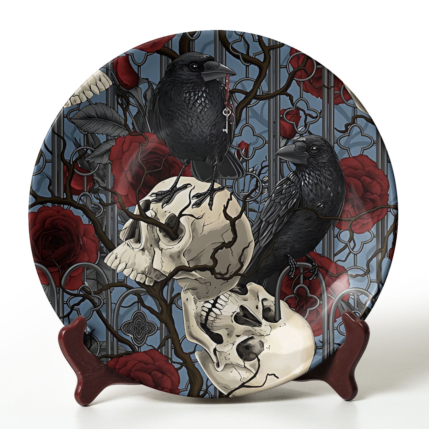 Gothic Raven & Skull Decorative Plate – Dark Romantic Home Accent