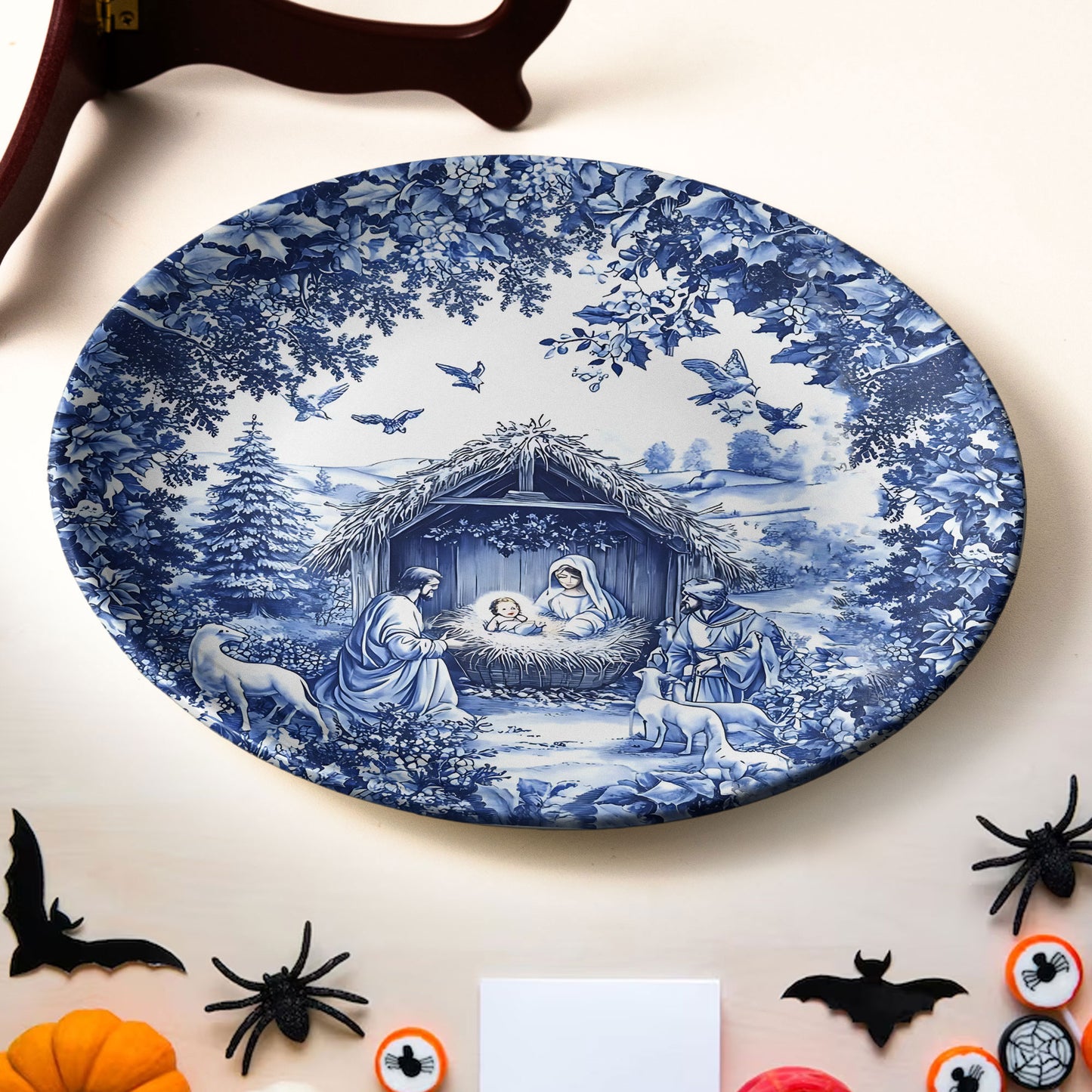 Christmas Nativity Collectible Ceramic Plate – Blue Winter Design