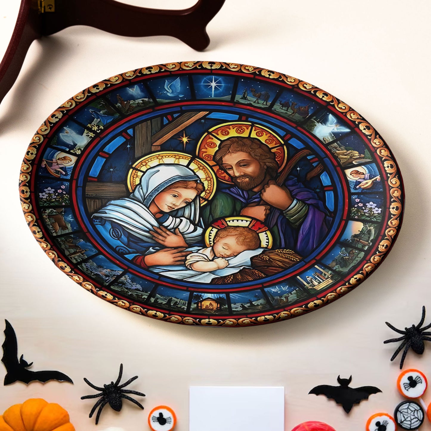 Holy Family Stained Glass Ceramic Plate – Nativity Art Collector’s Edition