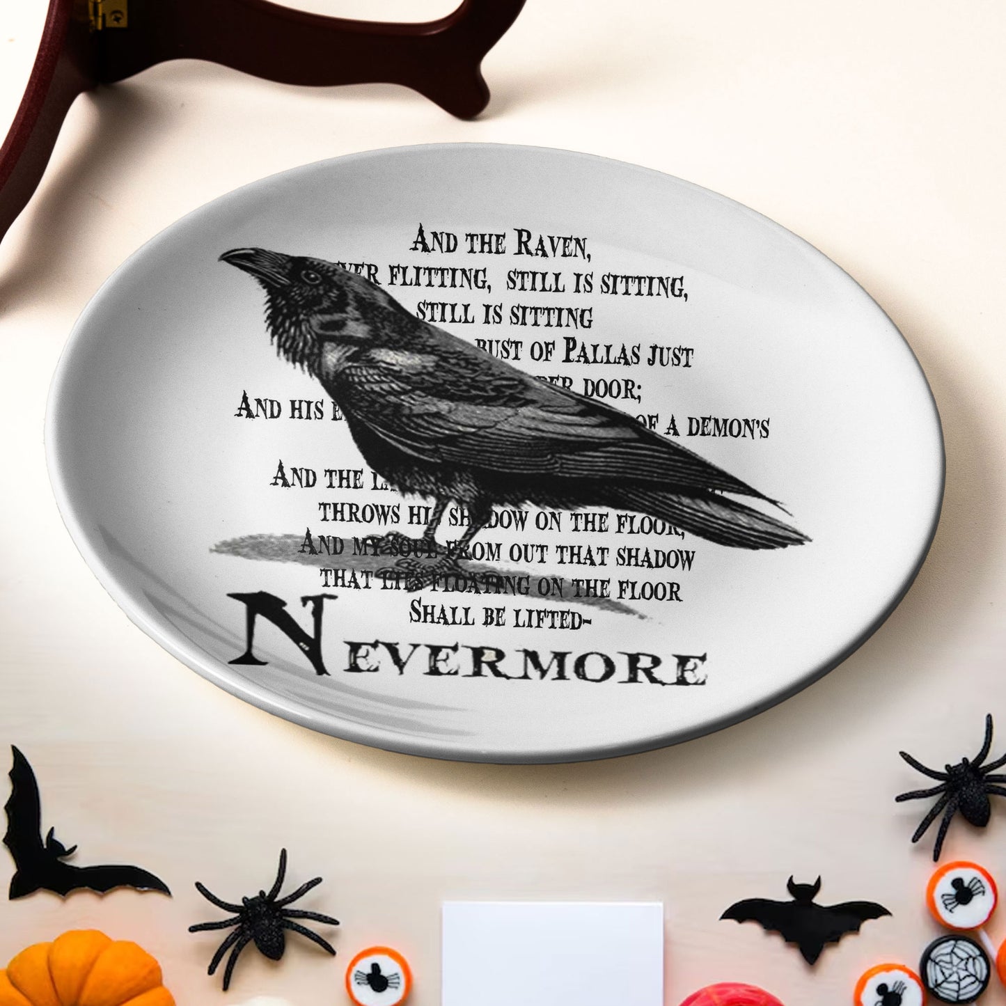Edgar Allan Poe Raven Ceramic Plate – Nevermore Poetry Decor