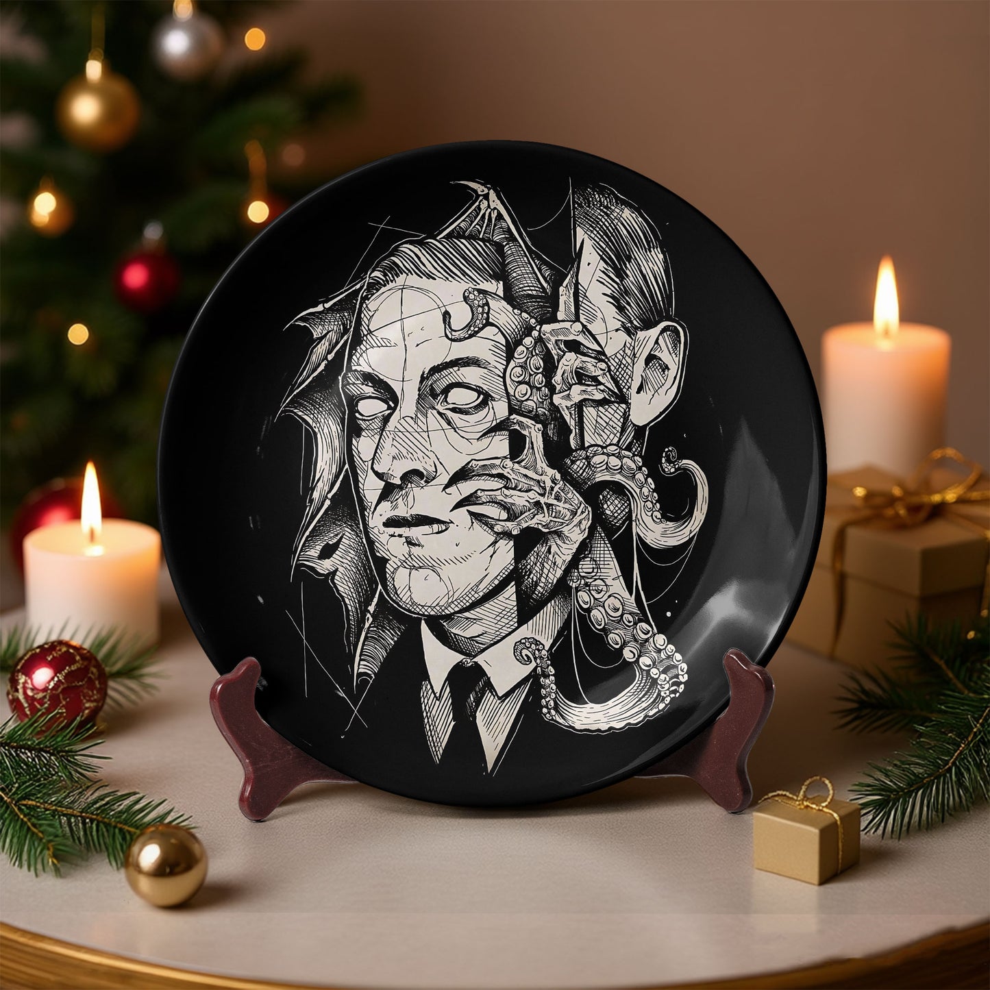 Lovecraft Dark Portrait Decorative Ceramic Plate – Gothic Cosmic Horror Design
