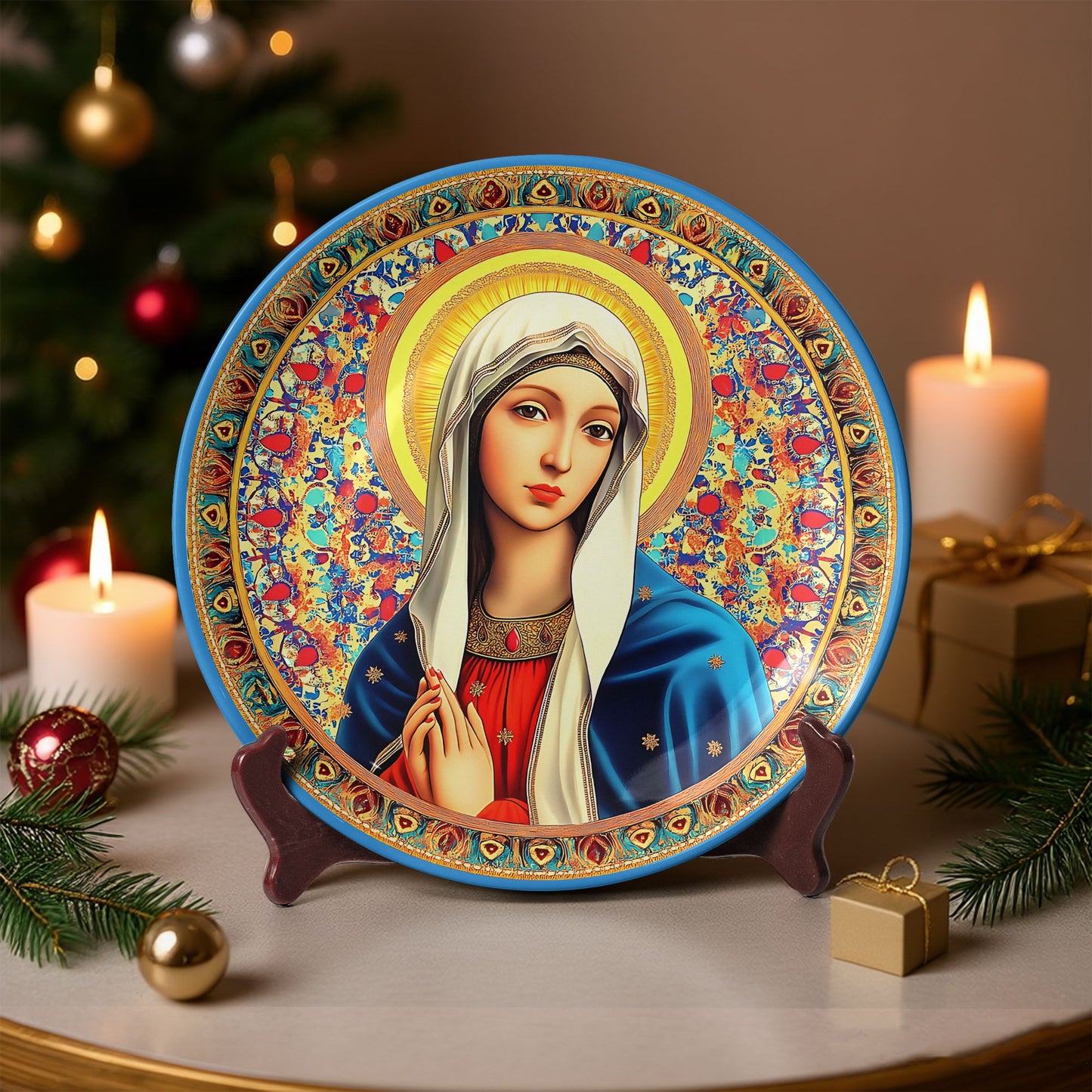 Virgin Mary Icon Decorative Ceramic Plate – Blessed Mother Religious Art