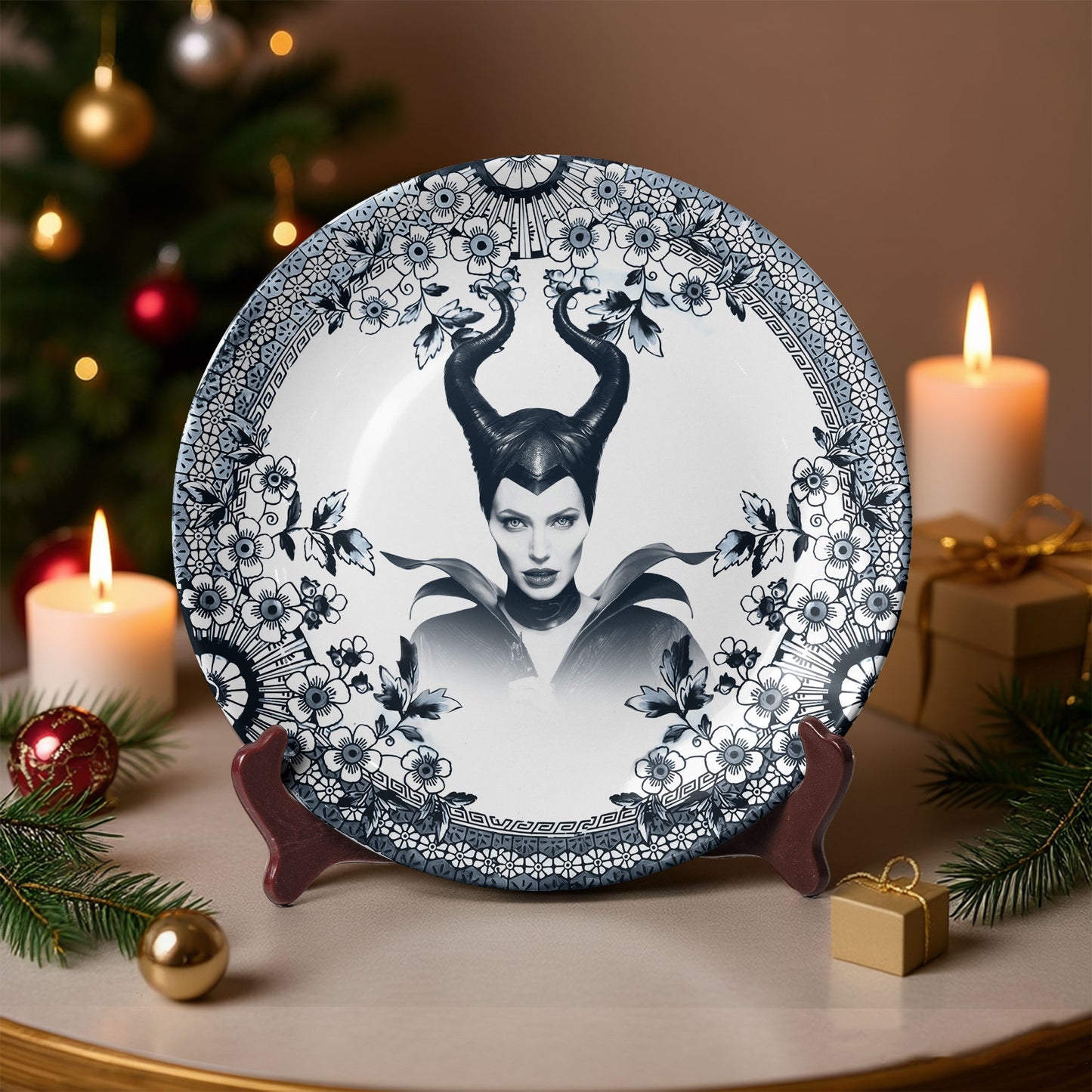 Maleficent Ceramic Plate – Dark Fantasy Floral Art