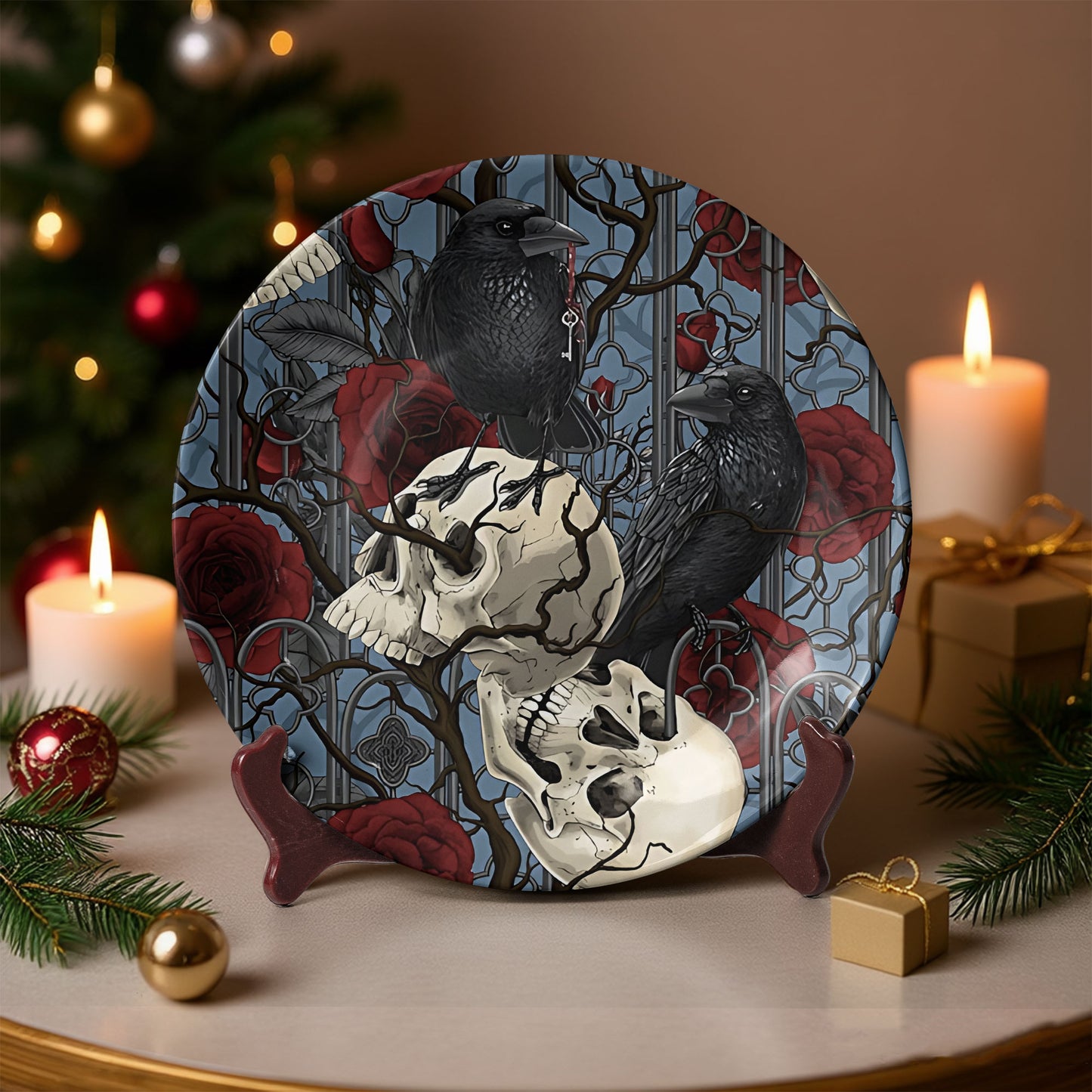Gothic Raven & Skull Decorative Plate – Dark Romantic Home Accent