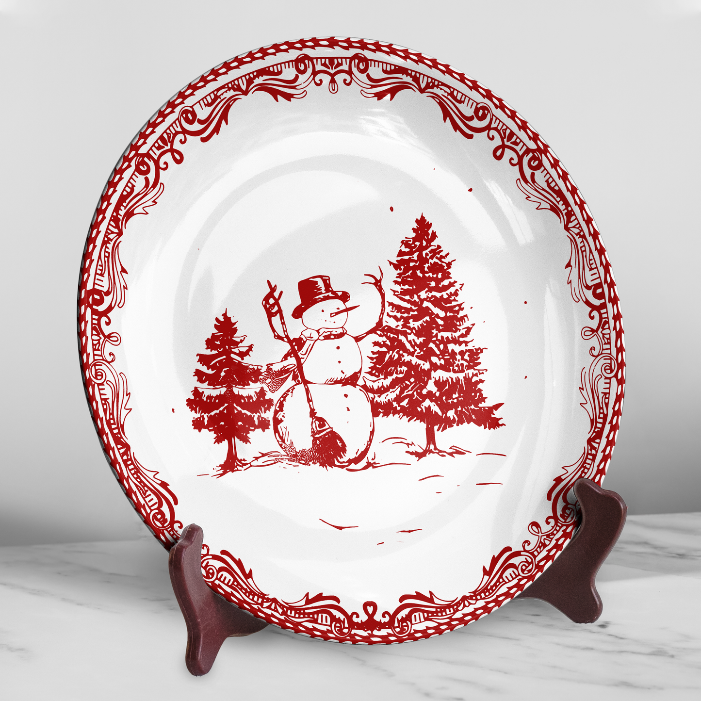 Festive Snowman & Christmas Tree Decorative Ceramic Plate