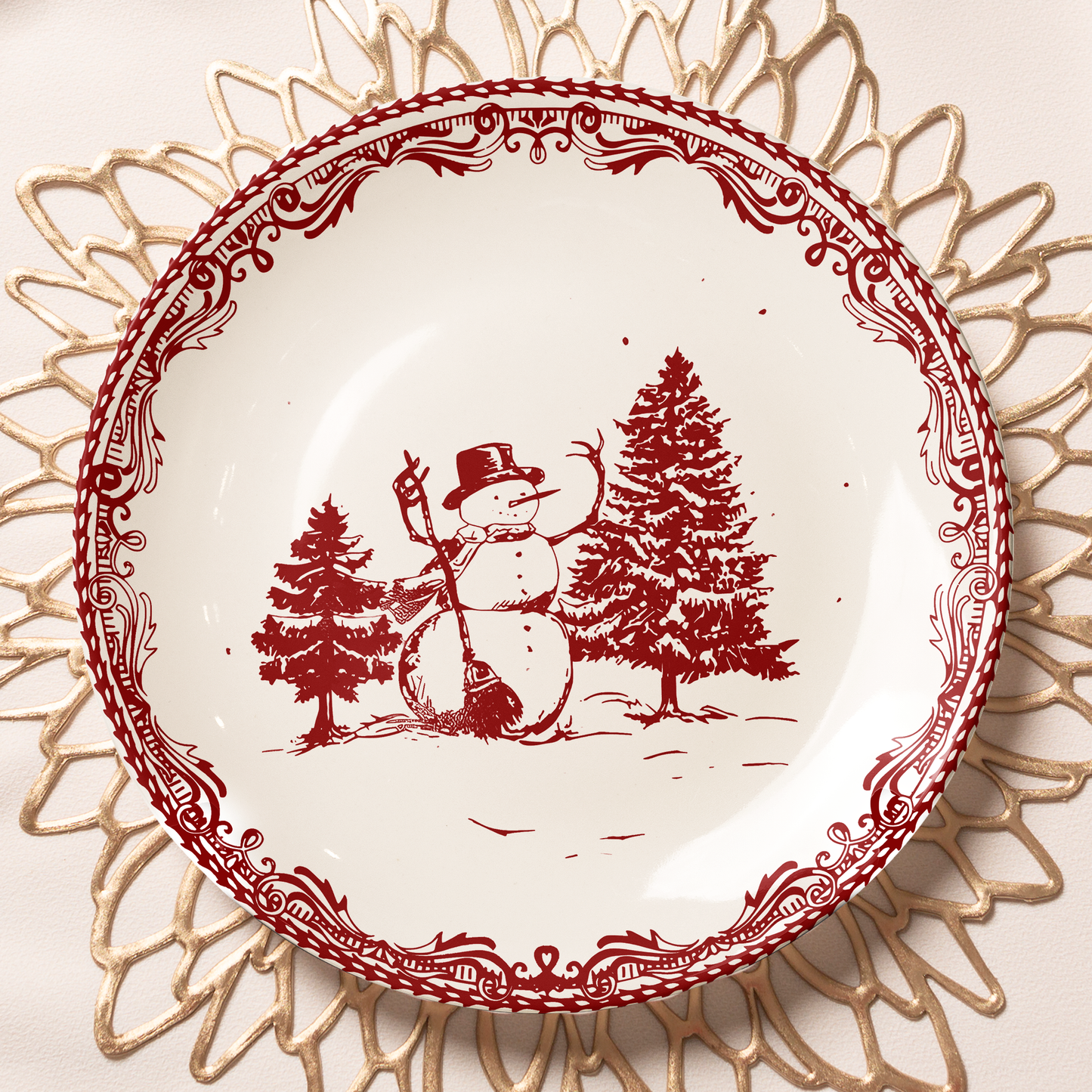 Festive Snowman & Christmas Tree Decorative Ceramic Plate