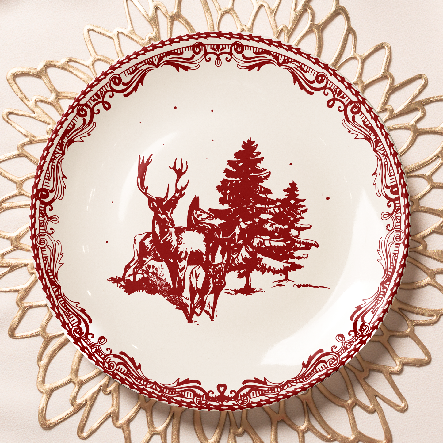 Winter Deer & Pine Forest Decorative Ceramic Plate