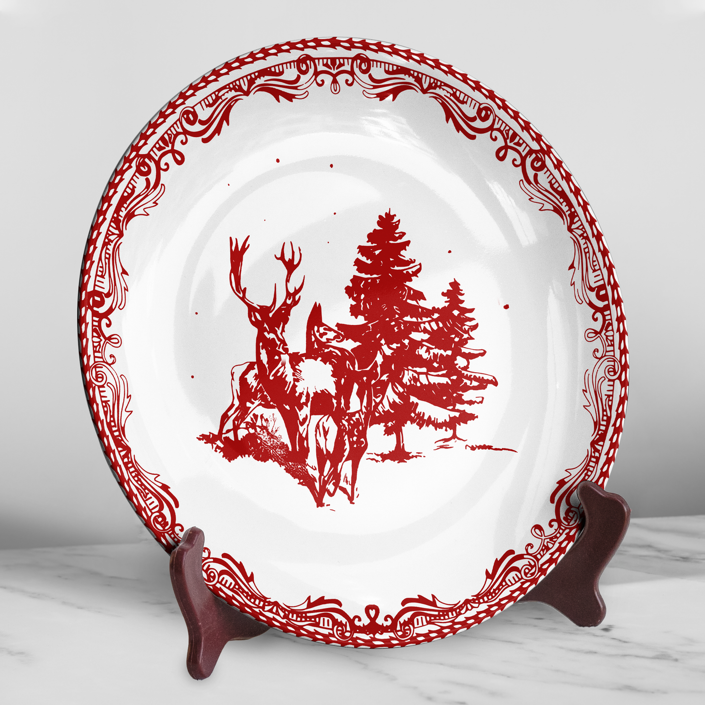 Winter Deer & Pine Forest Decorative Ceramic Plate