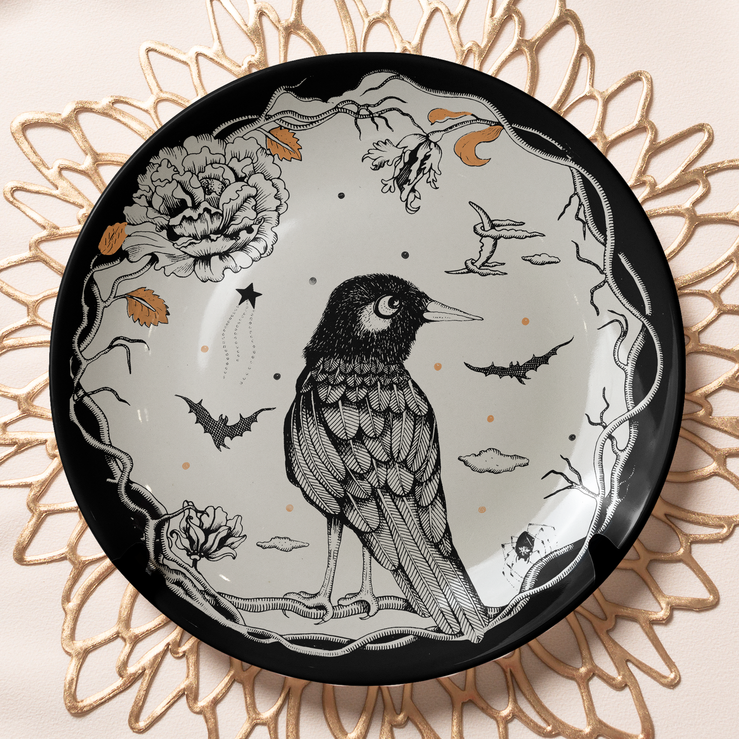 Mystic Raven Decorative Ceramic Plate – Gothic Nature & Moonlit Design