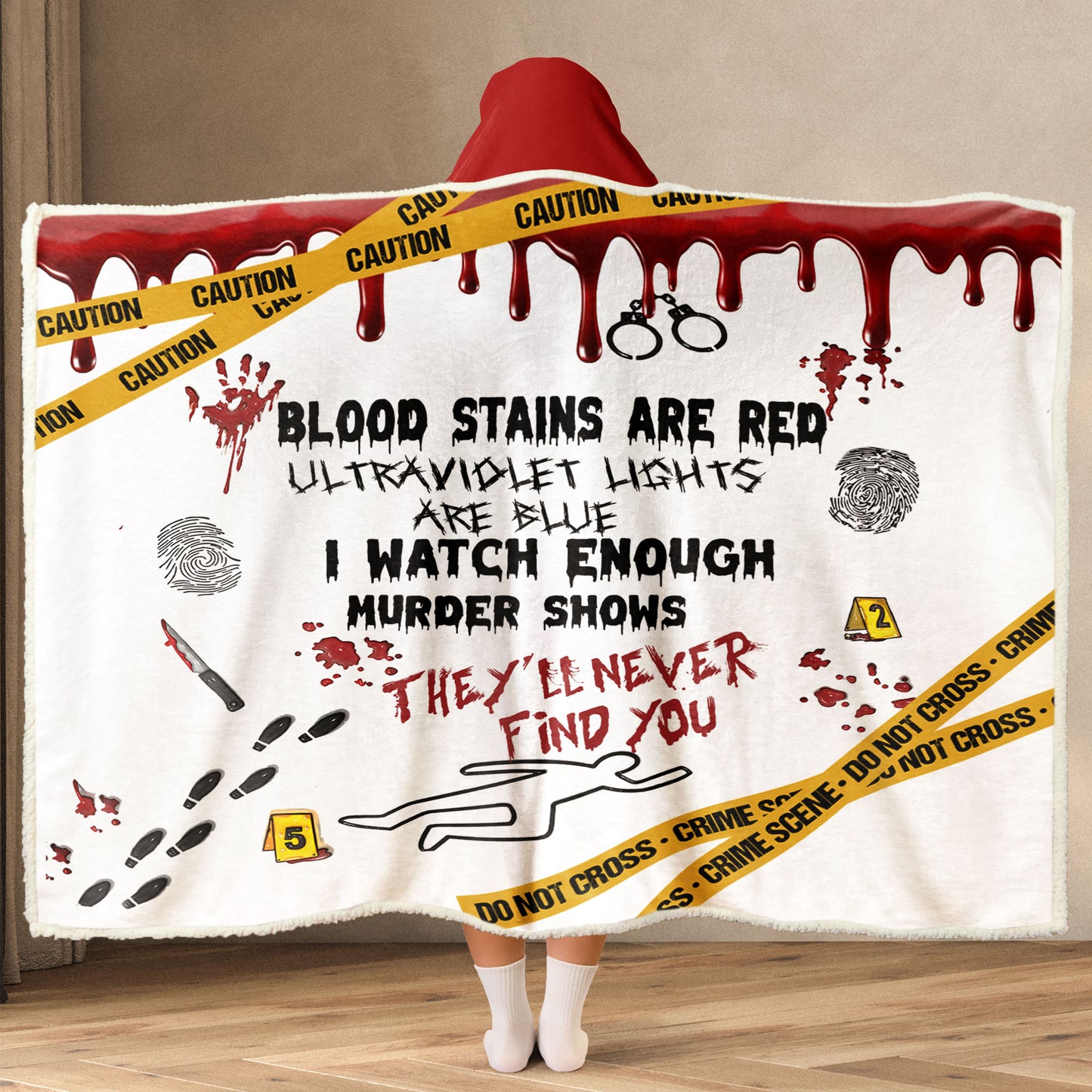 True Crime Wearable Hooded Blanket – “Blood Stains Are Red” Edition 🔍🩸