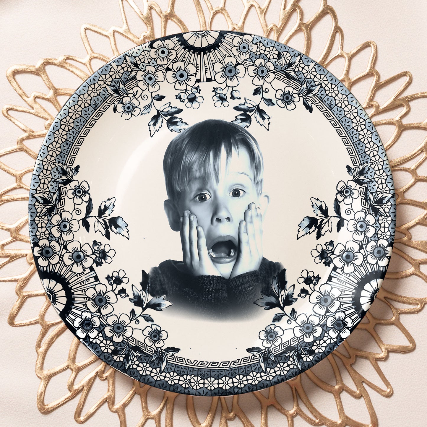 Home Alone Decorative Ceramic Plate – Classic Blue Floral Border