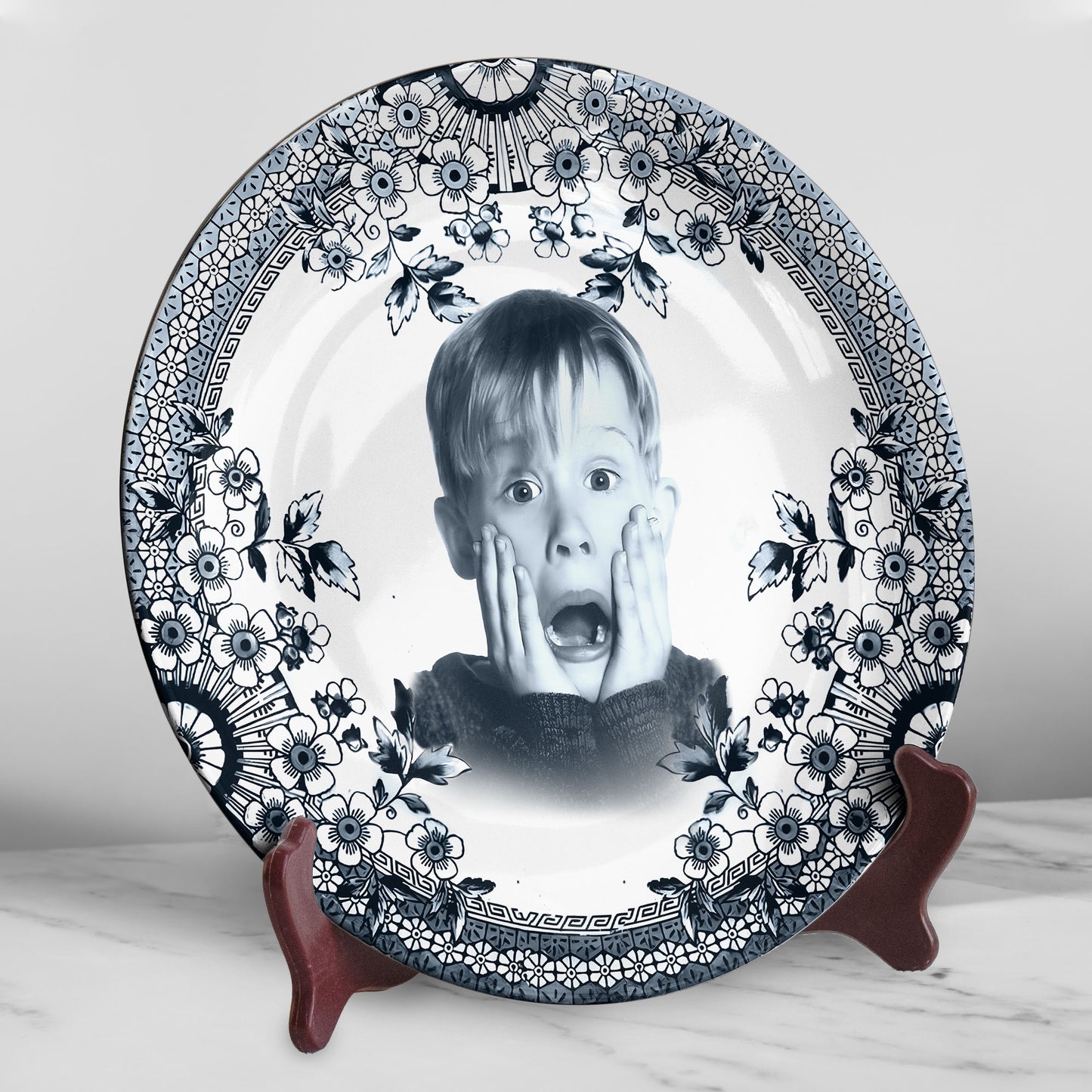 Home Alone Decorative Ceramic Plate – Classic Blue Floral Border