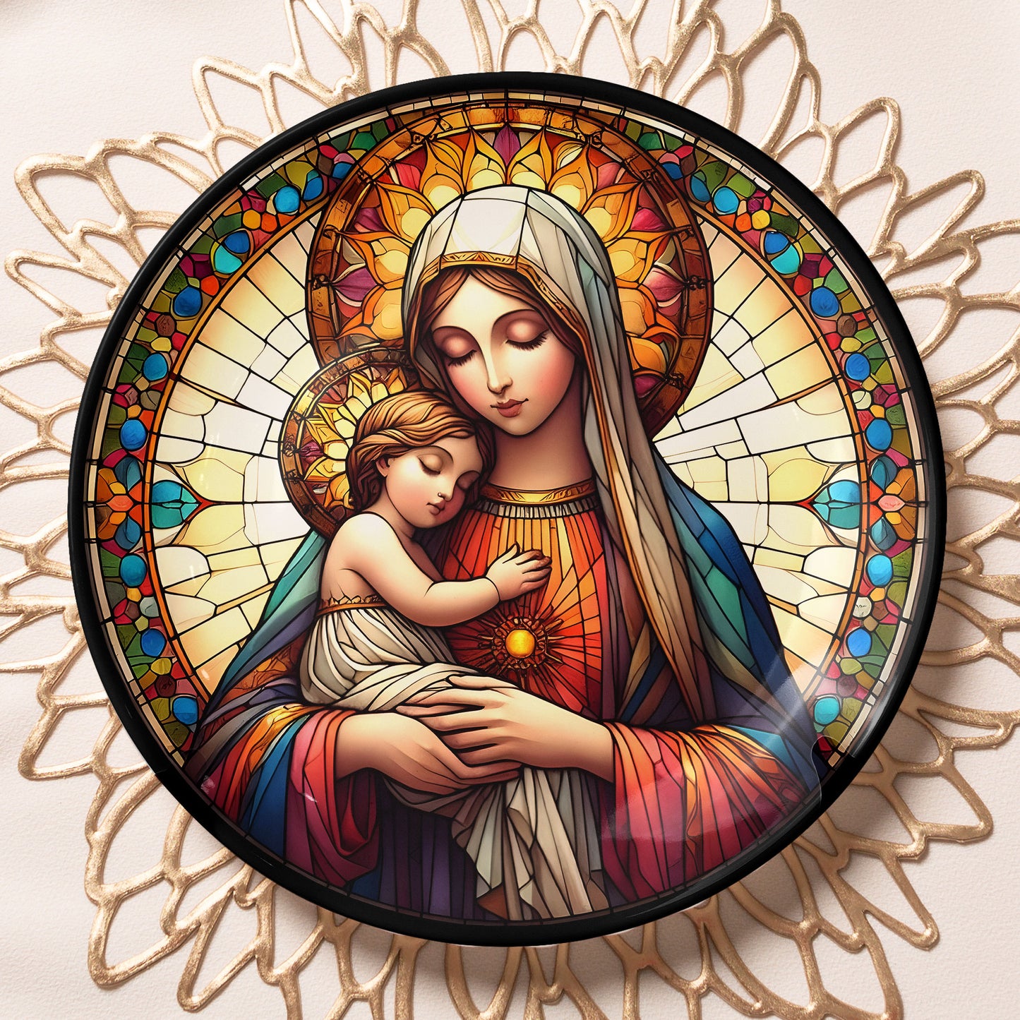 Virgin Mary and Child Stained Glass Art Ceramic Plate
