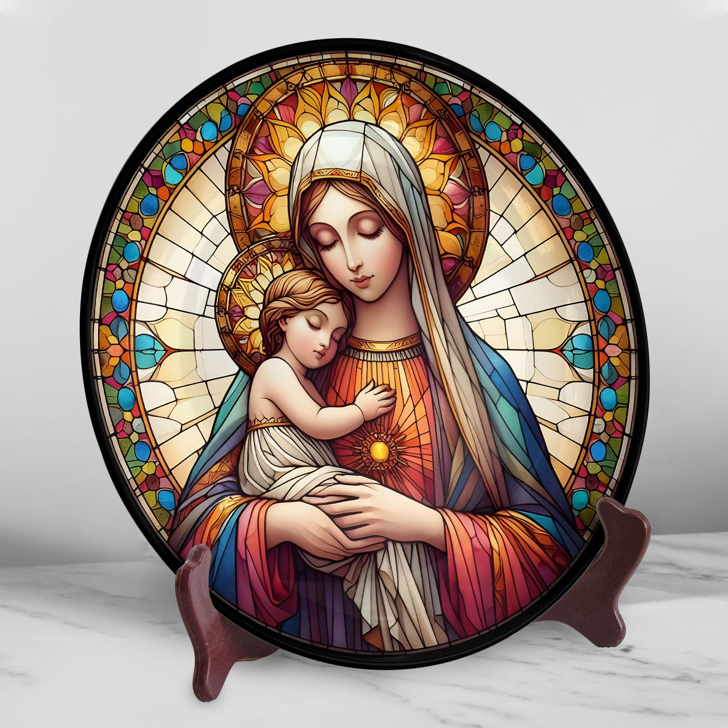 Virgin Mary and Child Stained Glass Art Ceramic Plate