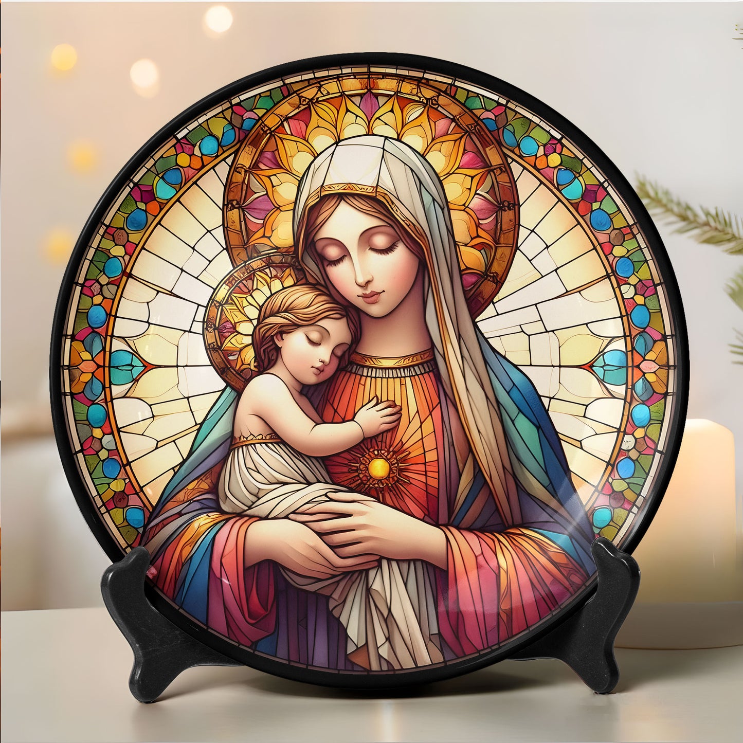 Virgin Mary and Child Stained Glass Art Ceramic Plate
