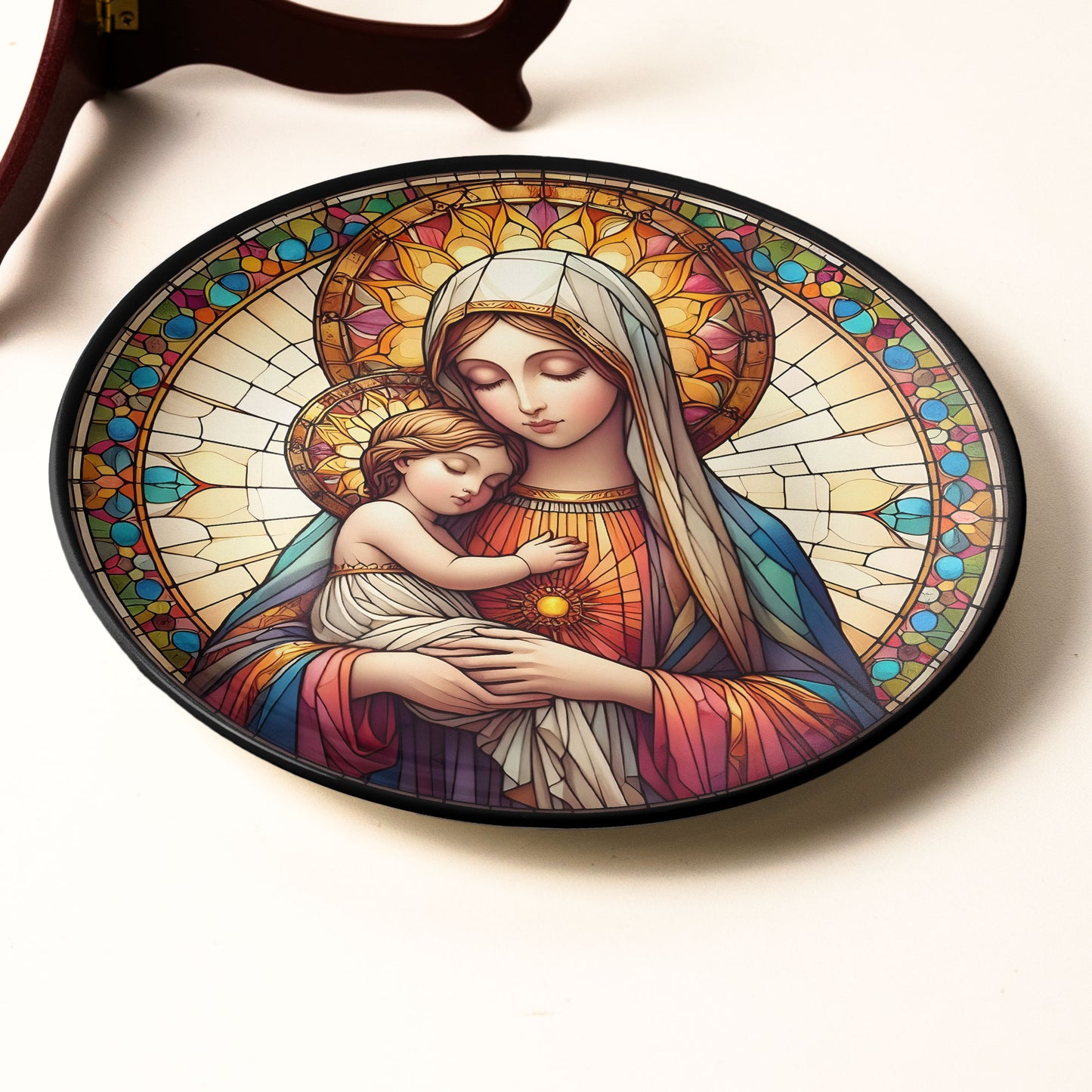 Virgin Mary and Child Stained Glass Art Ceramic Plate