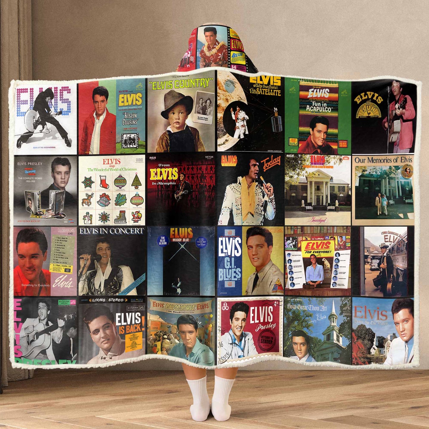 Elvis Presley Album Collage Wearable Hooded Blanket – Retro Rock ‘n’ Roll Cozy Throw for Fans