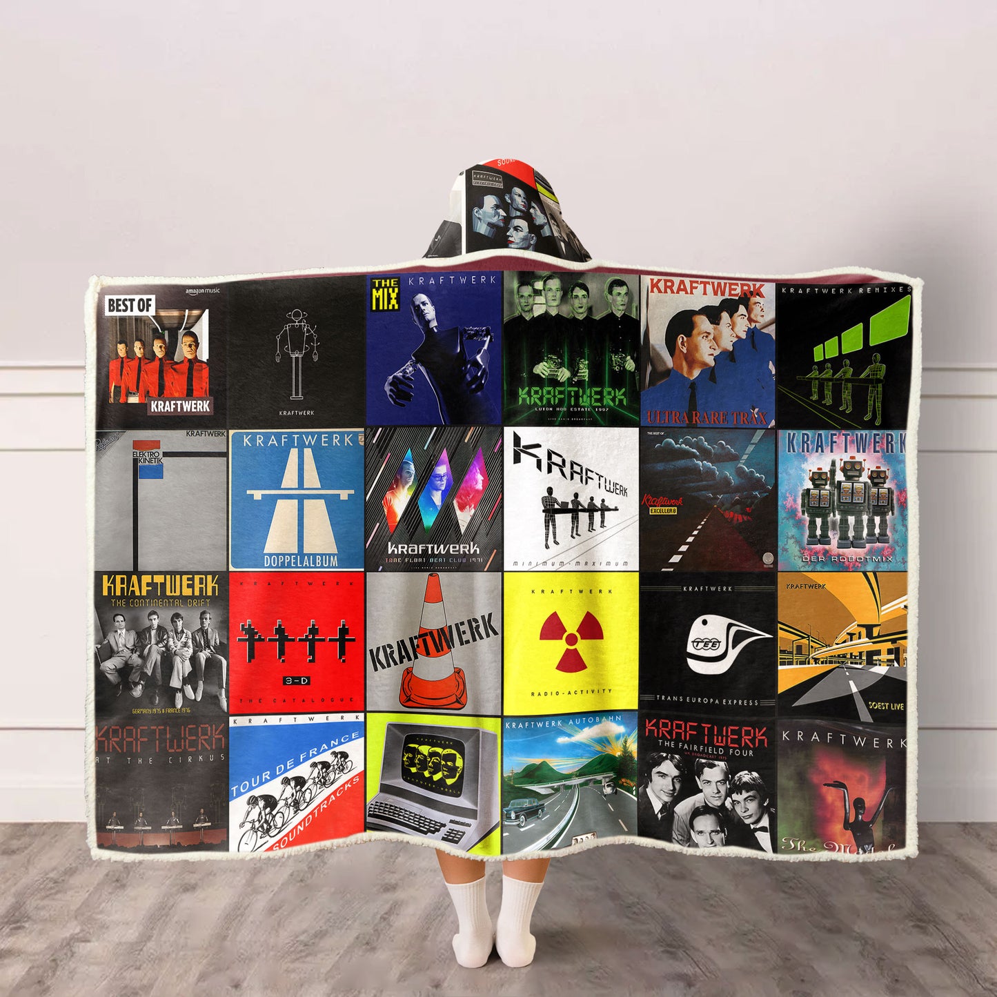 Kraftwerk Album Collage Wearable Hooded Blanket – Retro Electronic Music Throw for Fans
