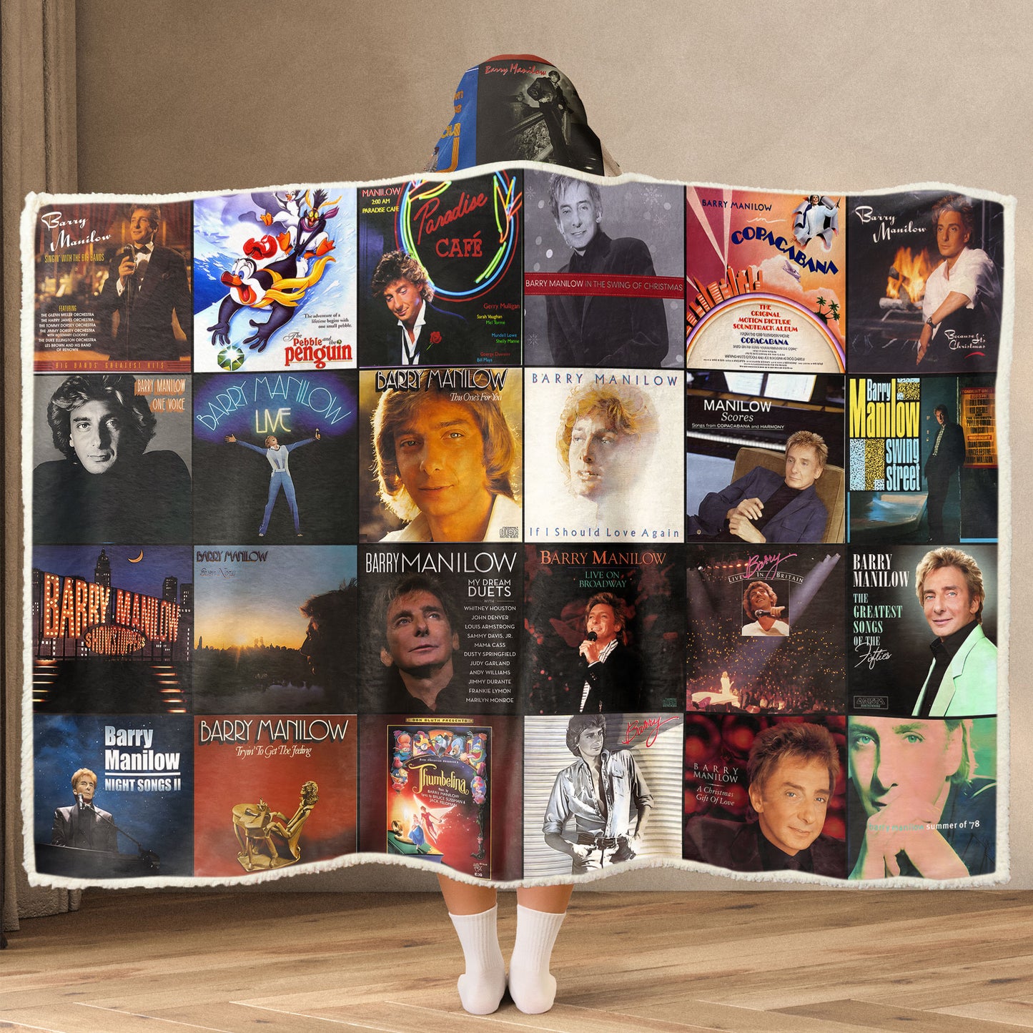 Barry Manilow Album Collage Wearable Hooded Blanket – Cozy Retro Music Fan Gift