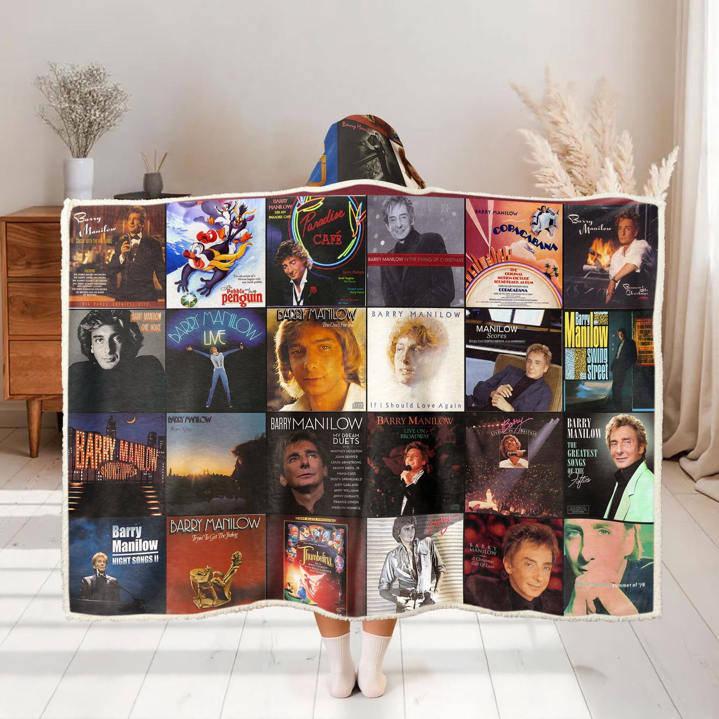Barry Manilow Album Collage Wearable Hooded Blanket – Cozy Retro Music Fan Gift